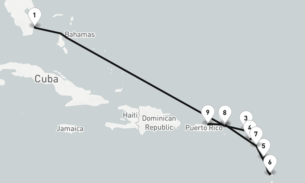 10 days, one-way from Miami to San Juan 11日間
