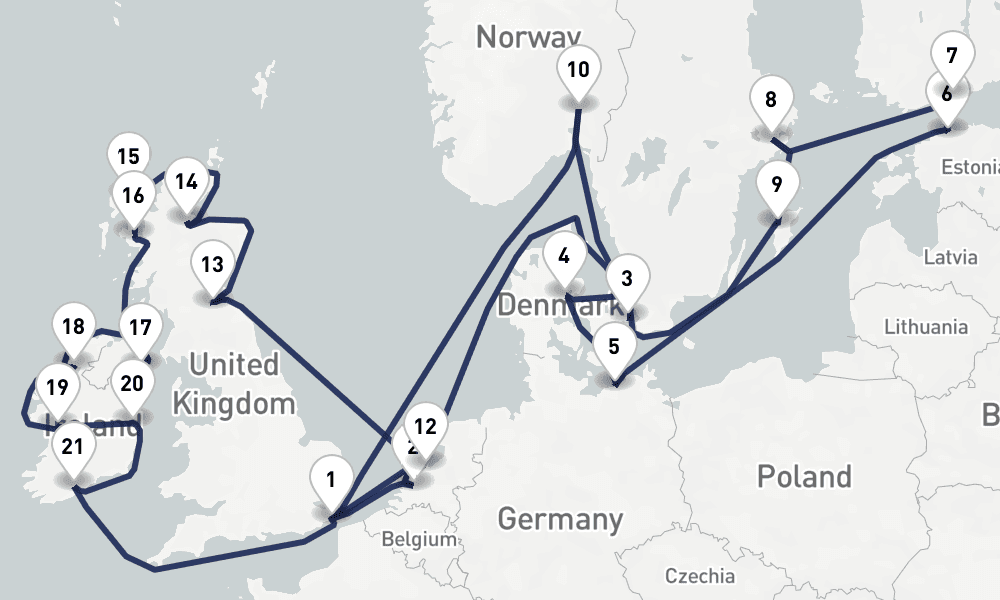 28 days, round-trip Scandinavian Capitals British Isles Belfast 29日間