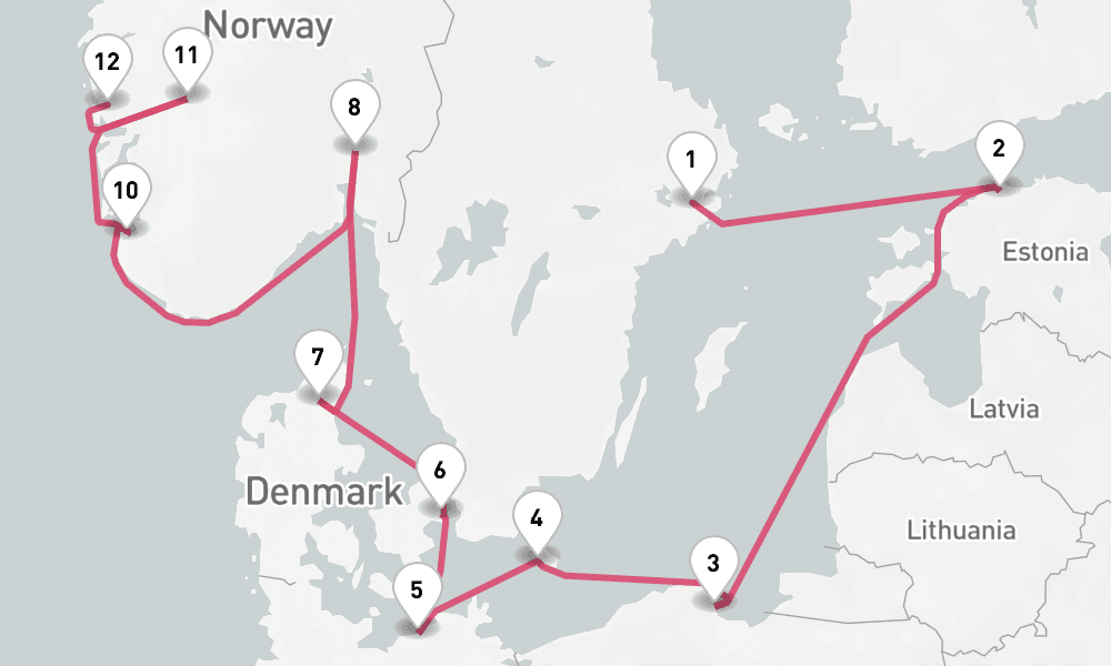 14 days, one-way from Stockholm to Bergen 15日間