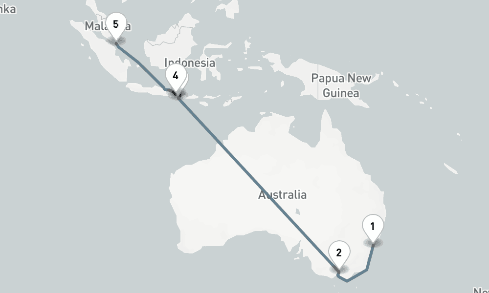 18 nights / 19 days, one-way from Sydney (NSW, Australia) to Singapore