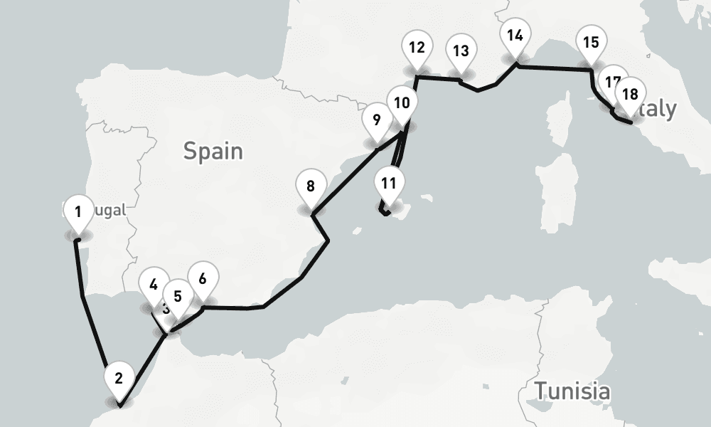 20 days, one-way from Lisbon to Civitavecchia-Rome 21日間