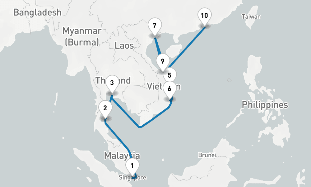 14 days, one-way from Singapore to Hong Kong 15日間
