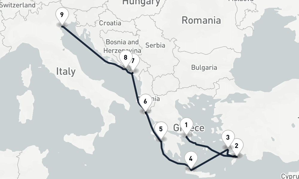10 days, one-way from Piraeus-Athens to Venice 11日間