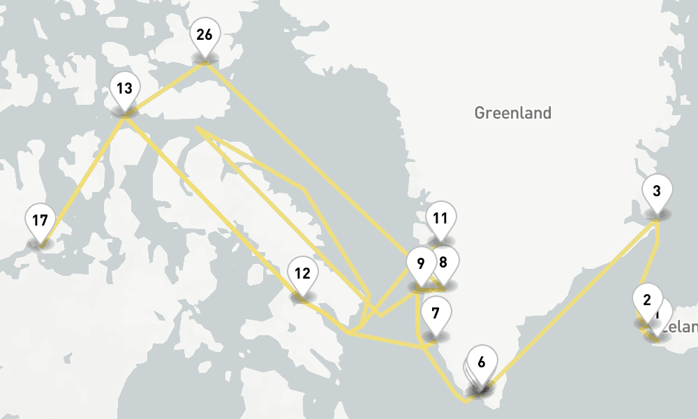 44 days, one-way from Reykjavik to Kangerlussuaq 45日間