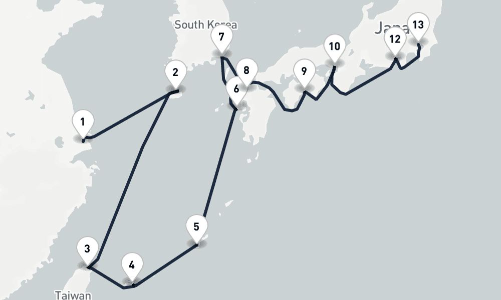 15 days, one-way from Shanghai to Tokyo 16日間