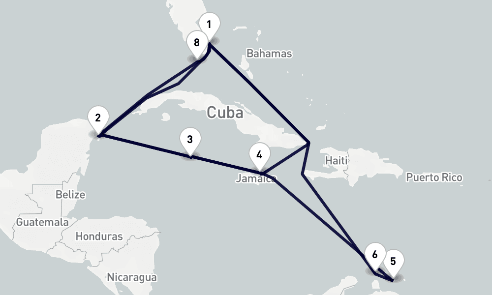 17 days, round-trip Caribbean Bahamas 18日間