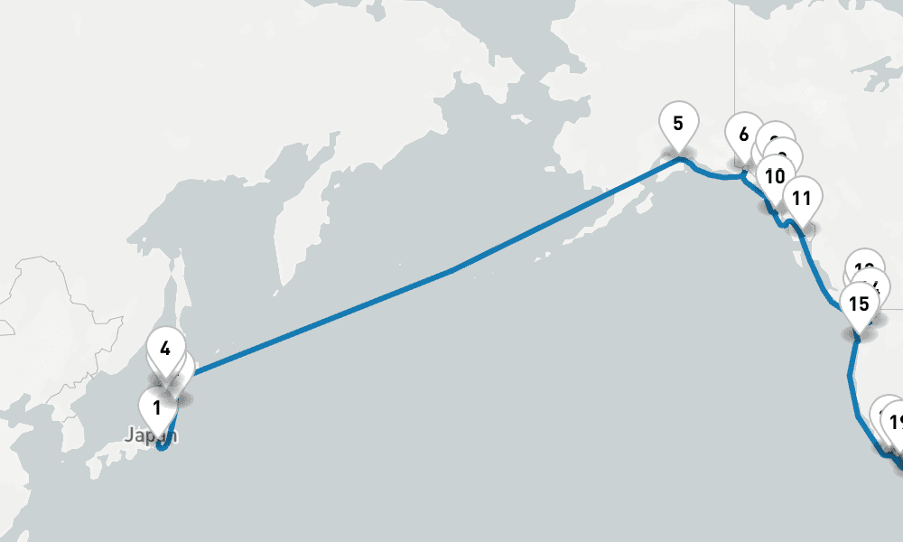 30 days, one-way from Yokohama to Los Angeles 31日間