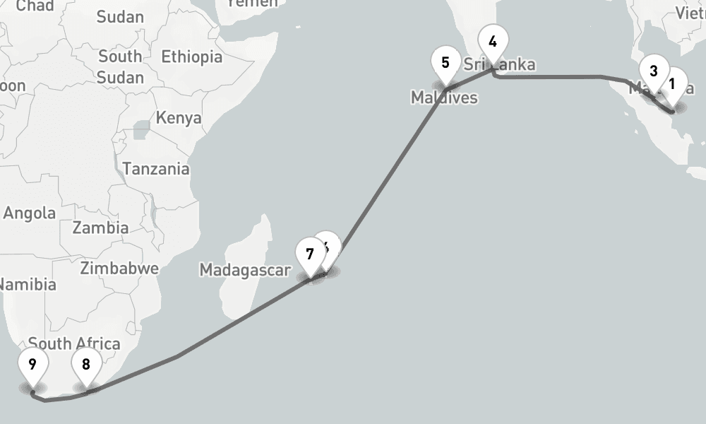 22 days, one-way from Singapore to Cape Town 23日間