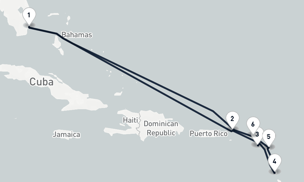 10 days, round-trip Leeward Windward Gems Miami to Miami 11日間