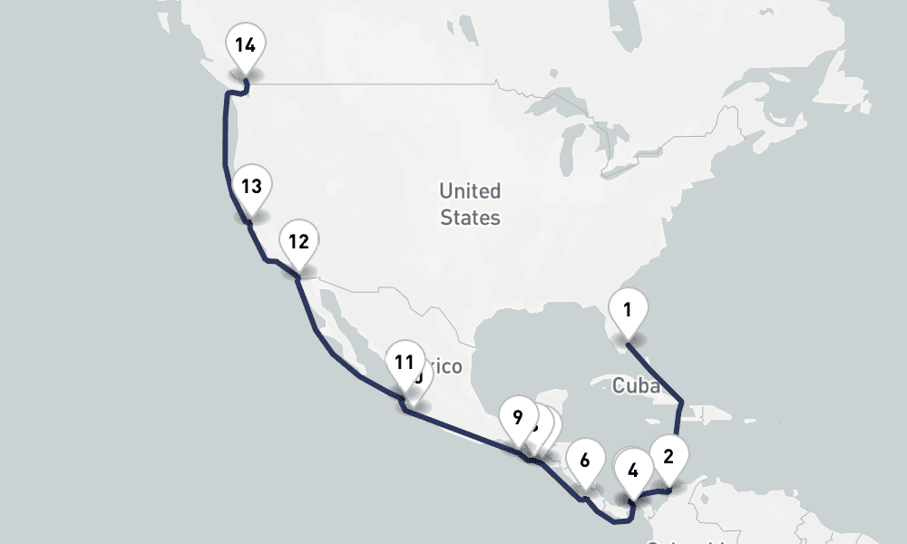 22 days, one-way from Fort Lauderdale to Vancouver 23日間