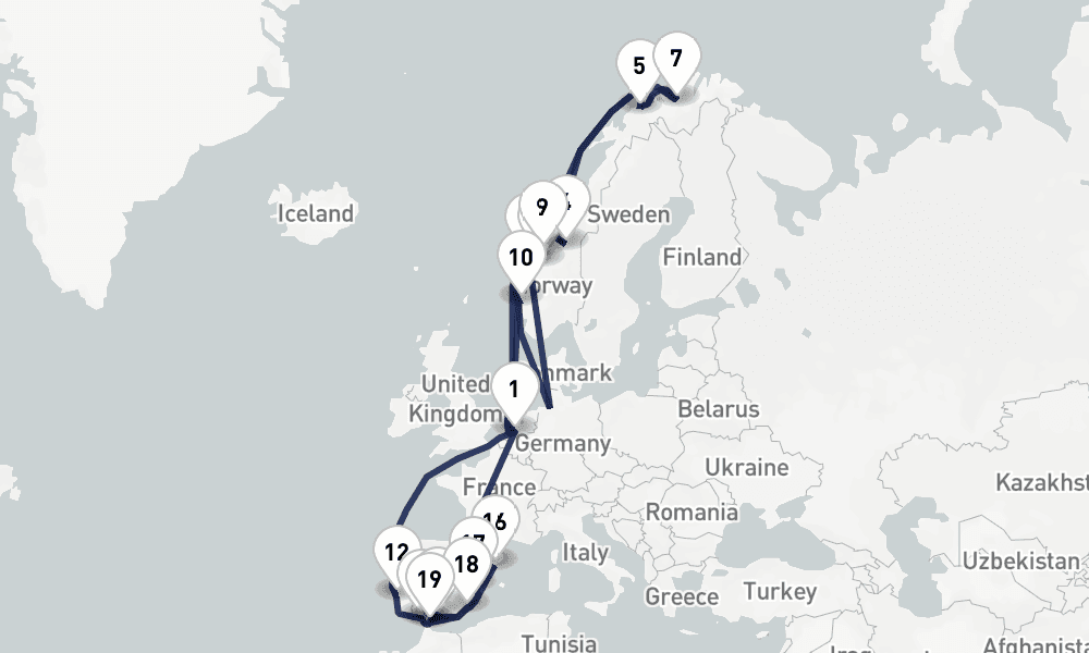 29 days, round-trip Northern Lights Western Mediterranean Lisbon 30日間