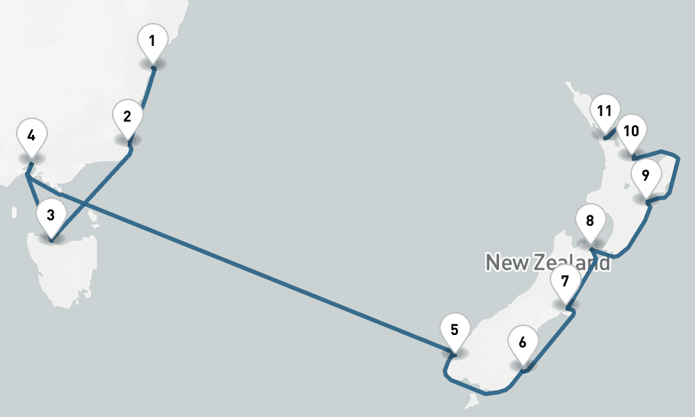 12 days, one-way from Sydney to Auckland 13日間