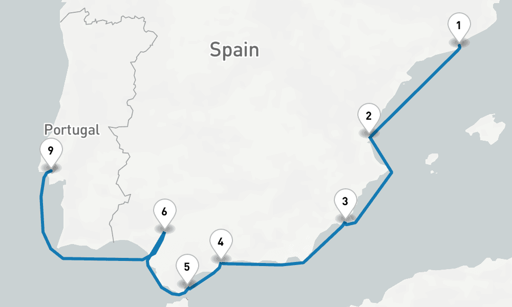 10 days, one-way from Barcelona to Lisbon 11日間