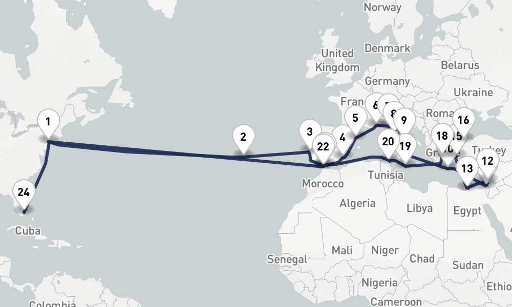 47 days, one-way from New York to Fort Lauderdale 48日間