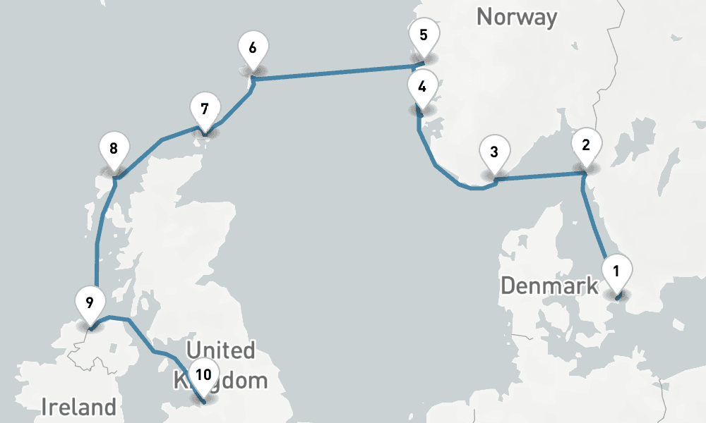10 days, one-way from Copenhagen to Liverpool 11日間