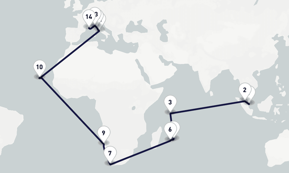 41 days, one-way from Singapore to Marseille 42日間