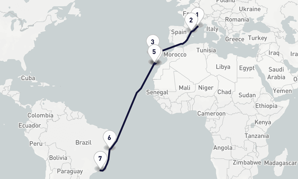 16 days, one-way from Marseille to Rio de Janeiro 17日間