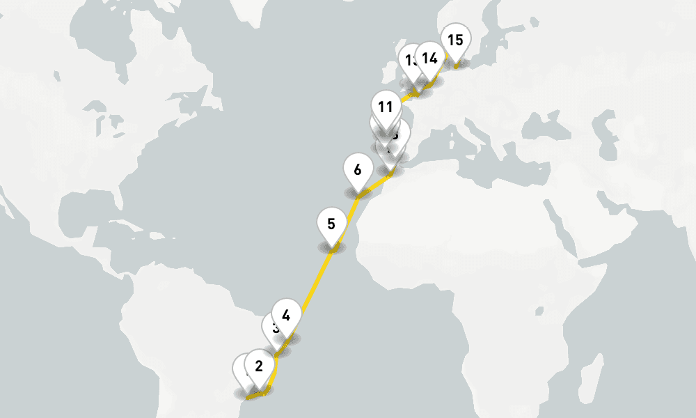 26 days, one-way from Santos to Kiel 27日間