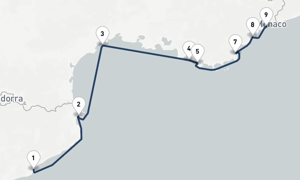 7 nights / 8 days, one-way from Barcelona to Villefranche-sur-Mer (Nice, France Riviera)