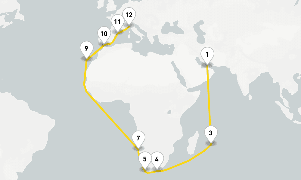 34 days, one-way from Dubai to Genoa 35日間