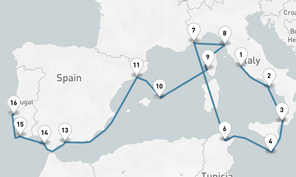 17 days, one-way from Civitavecchia-Rome to Lisbon 18日間