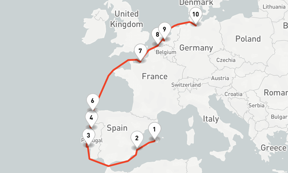 12 days, one-way from Palma de Mallorca to Hamburg 13日間