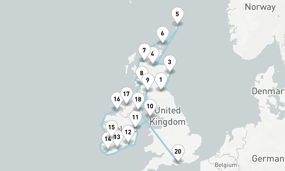 22 nights / 23 days, one-way from Edinburgh (Leith, Scotland) to Portsmouth (England)