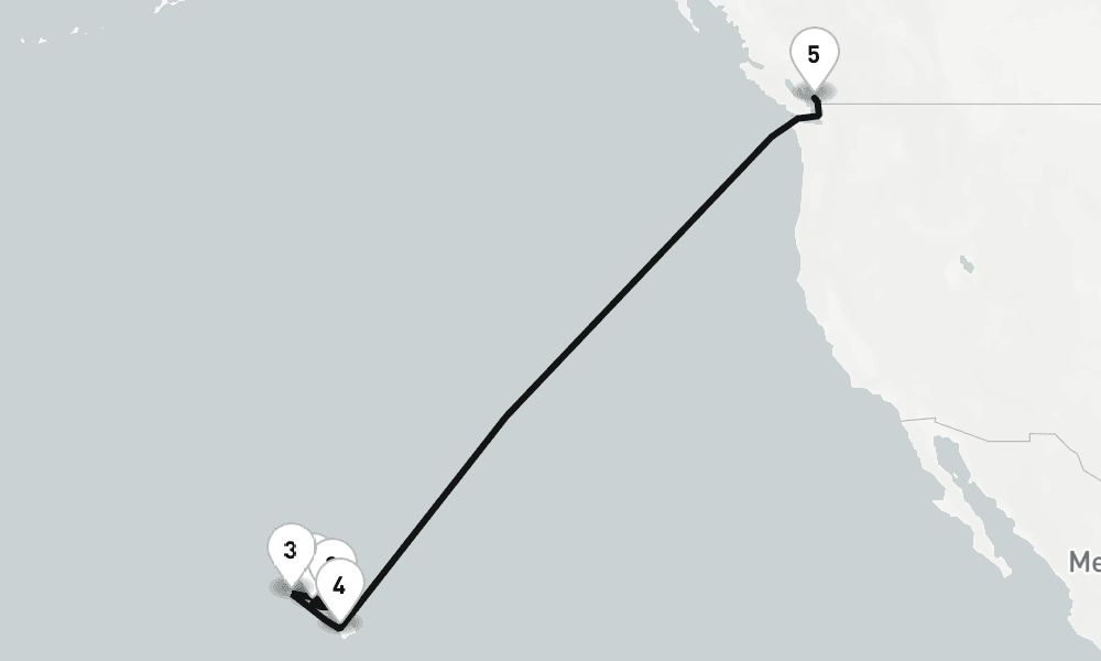 10 nights / 11 days, one-way from Honolulu (Oahu Island, Hawaii) to Vancouver (BC Canada)