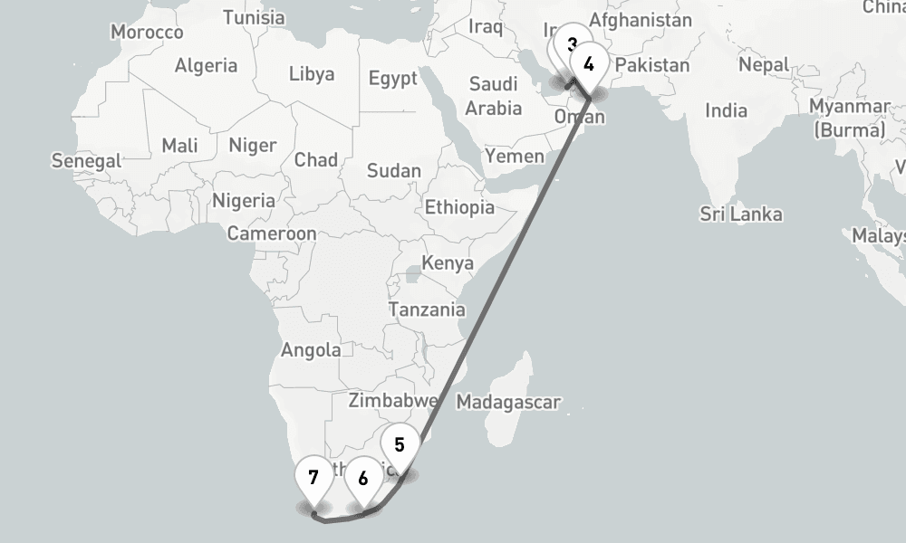 17 days, one-way from Dubai to Cape Town 18日間