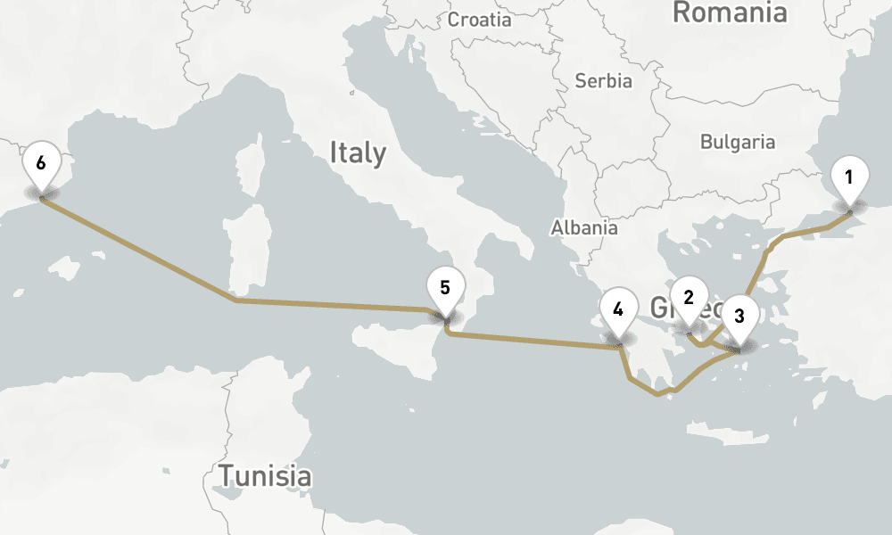 7 days, one-way from Istanbul to Barcelona 8日間