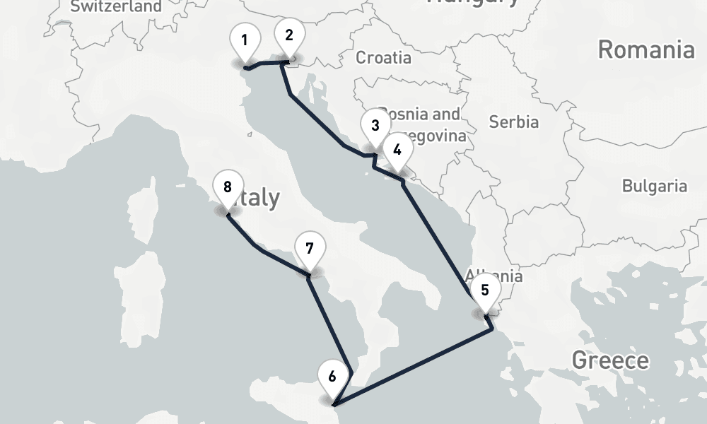 7 days, one-way from Venice to Civitavecchia-Rome 8日間
