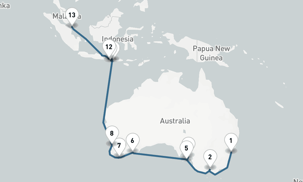 21 days, one-way from Sydney to Singapore 22日間