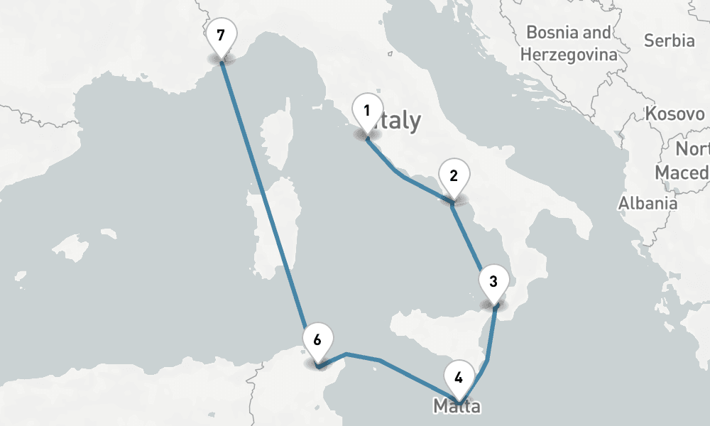 7 days, one-way from Civitavecchia-Rome to Monte Carlo 8日間