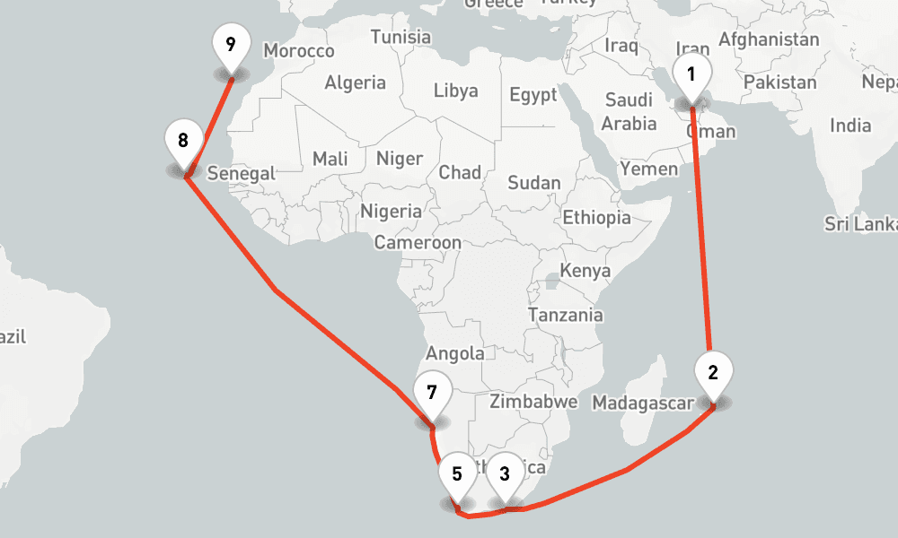 31 nights / 32 days, one-way from Abu Dhabi to Santa Cruz de Tenerife (Canary Islands)