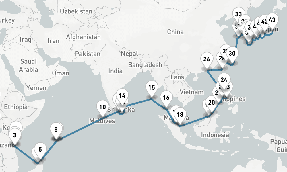 58 days, one-way from Mombasa to Tokyo 59日間