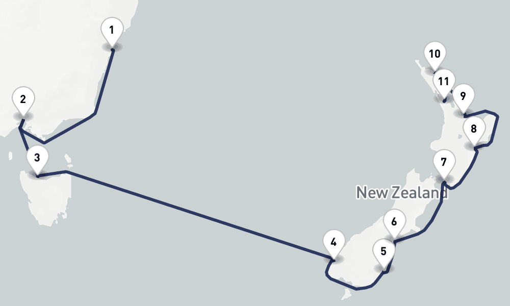 14 days, one-way from Sydney to Auckland 15日間