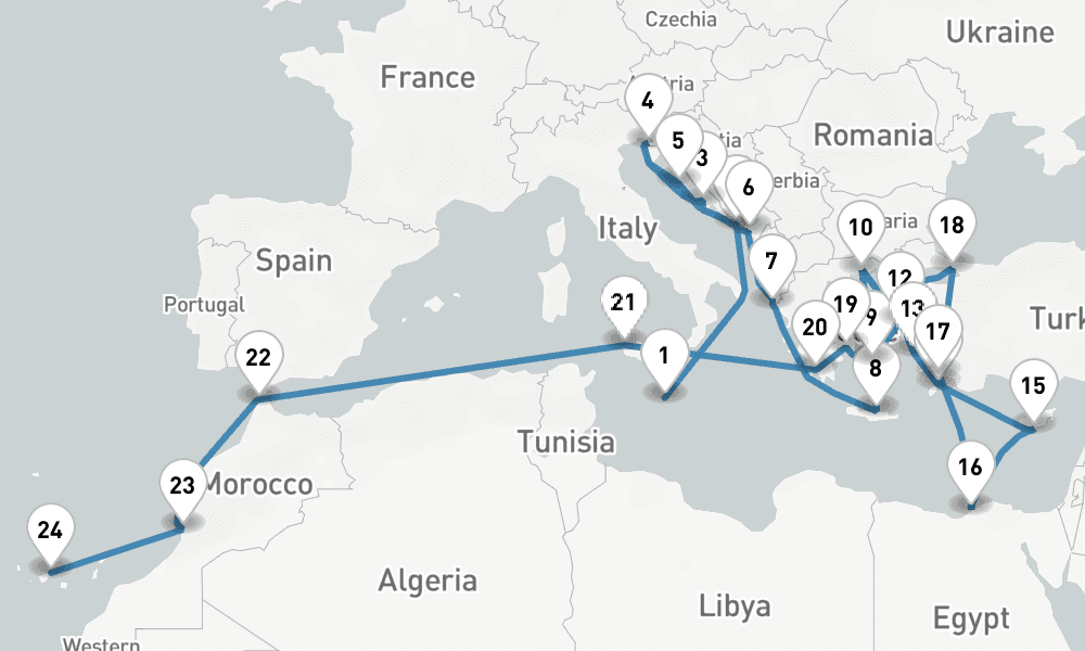 42 nights / 43 days, one-way from Valletta to Santa Cruz de Tenerife (Canary Islands)