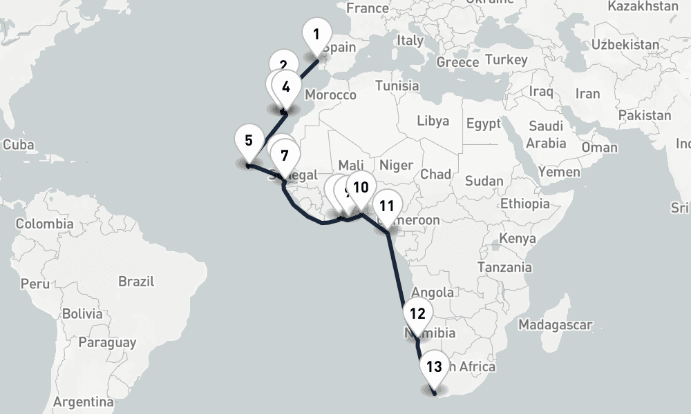 24 days, one-way from Lisbon to Cape Town 25日間