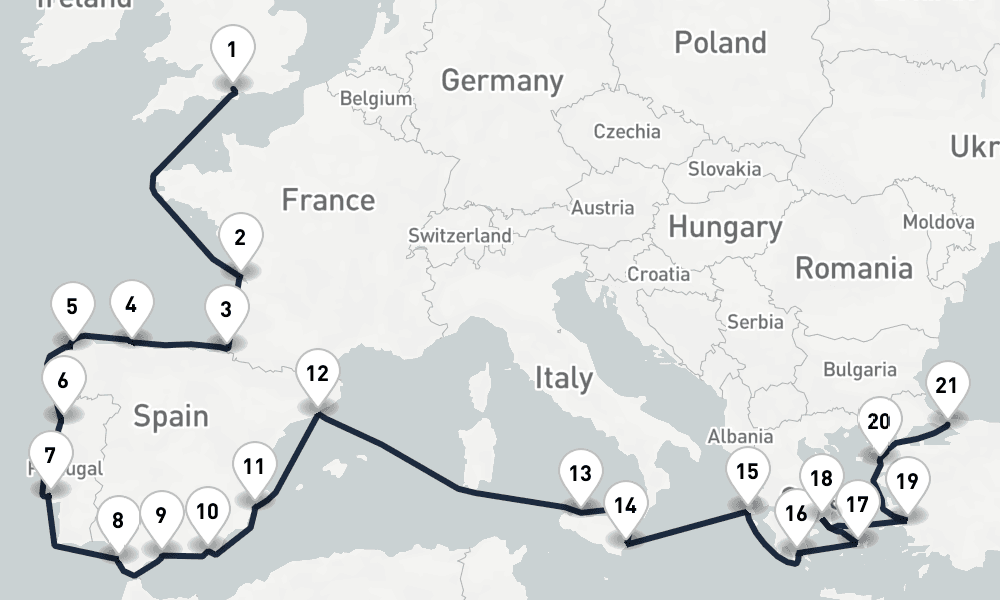 22 days, one-way from Southampton to Istanbul 23日間