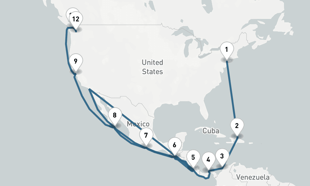 22 days, one-way from New York to Seattle 23日間