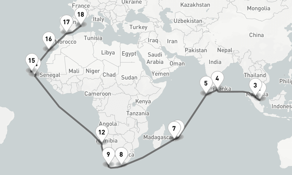 43 days, one-way from Singapore to Palma de Mallorca 44日間