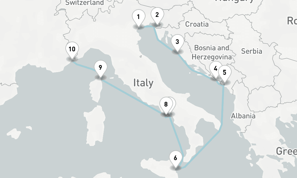 10 nights / 11 days, one-way from Venice to Villefranche-sur-Mer (Nice, France Riviera)