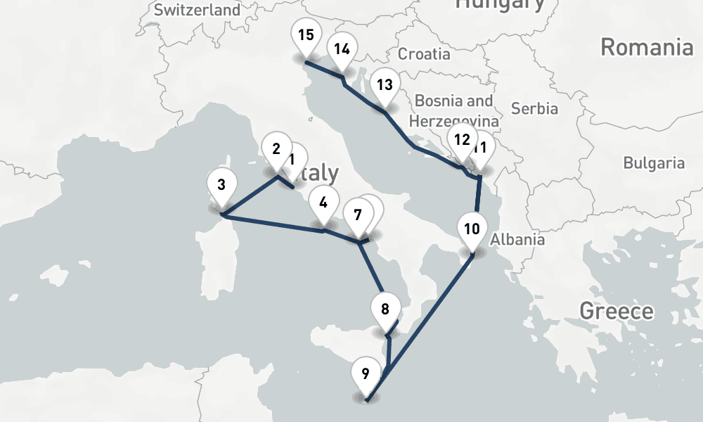 14 nights / 15 days, one-way from Civitavecchia (Rome, Italy) to Venice