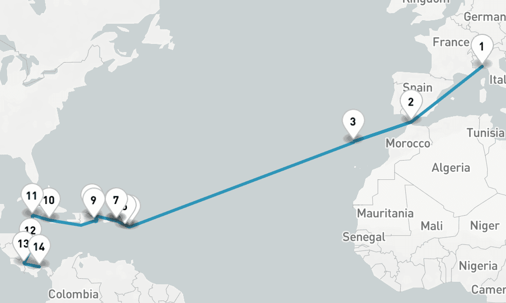 25 nights / 26 days, one-way from Genoa to Colon