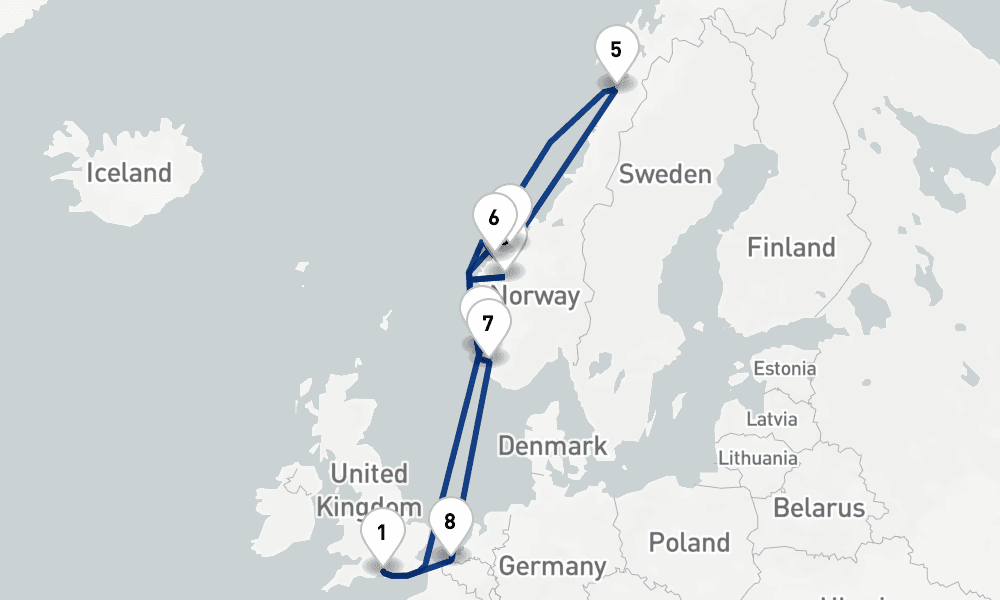 14 nights / 15 days, Southampton (England) Round trip