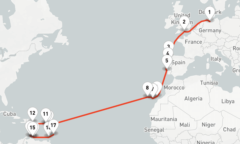28 nights / 29 days, one-way from Hamburg to Bridgetown (Barbados)