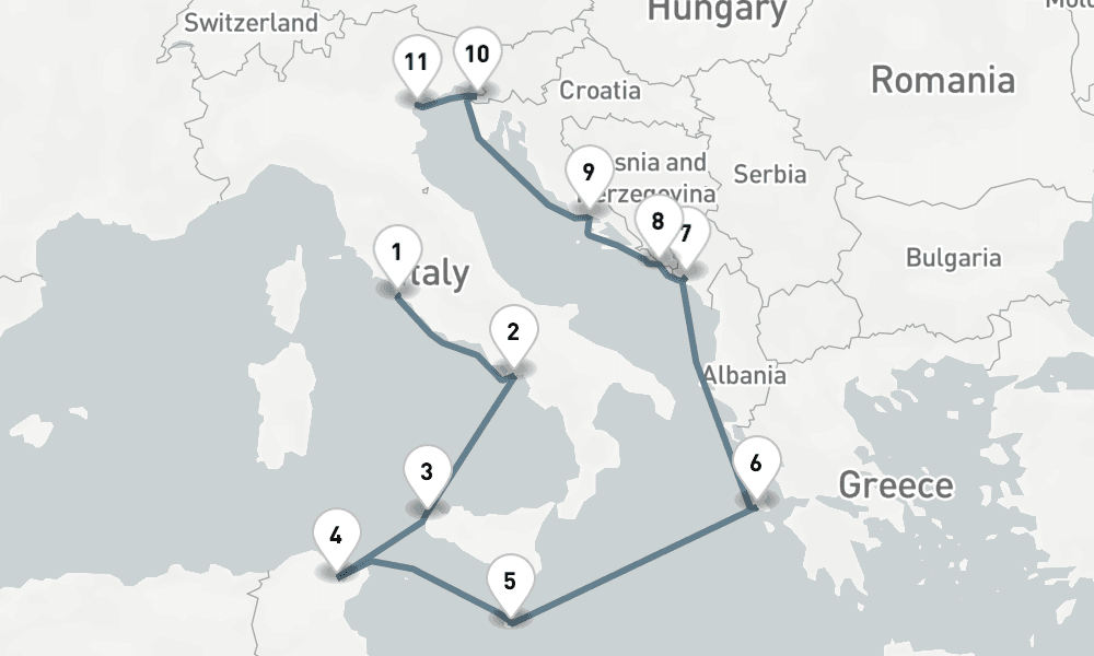 13 nights / 14 days, one-way from Civitavecchia (Rome, Italy) to Fusina