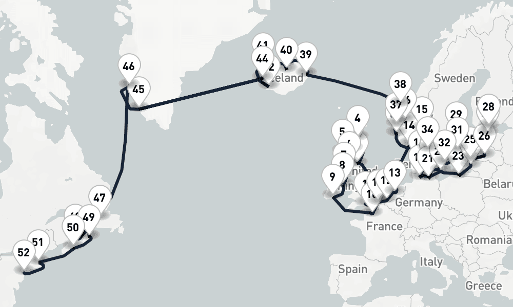 64 nights / 65 days, one-way from Southampton (England) to New York (Cape Liberty NYC)
