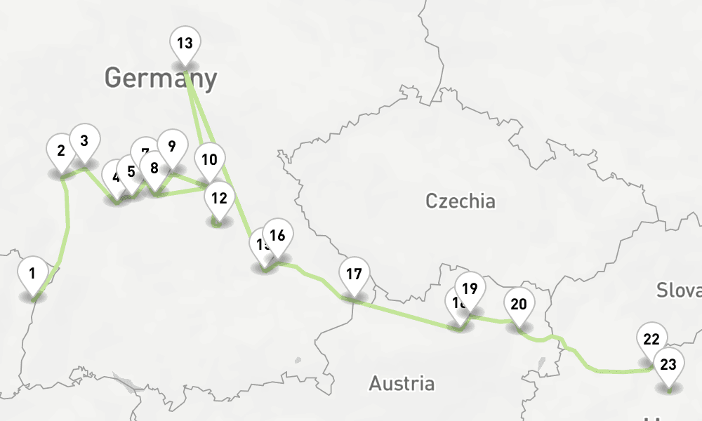 12 nights / 13 days, one-way from Strasbourg to Budapest