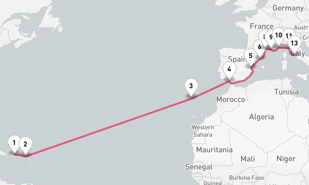 20 nights / 21 days, one-way from San Juan (Puerto Rico) to Civitavecchia (Rome, Italy)
